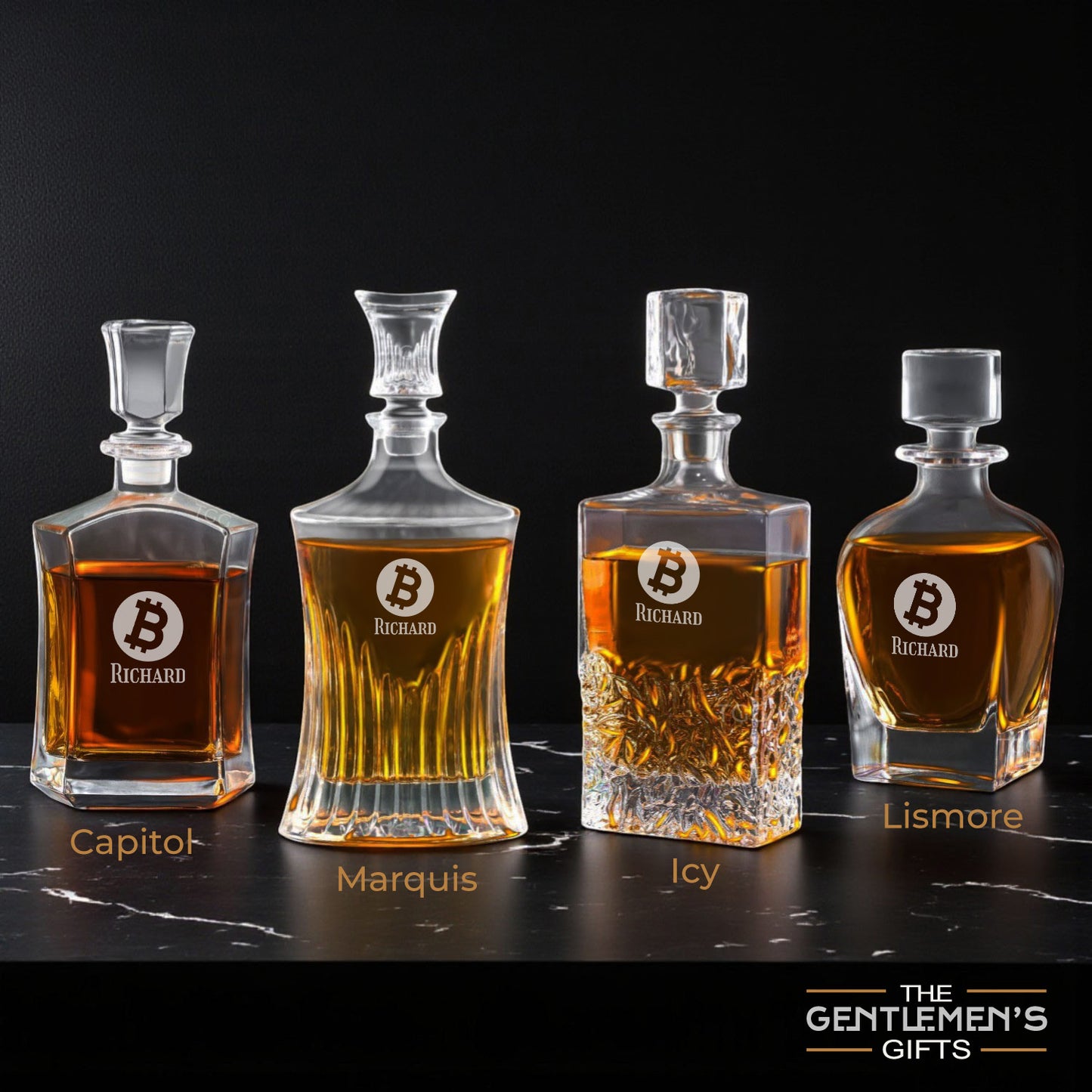 Bitcoin Personalized Whiskey Decanter with Whiskey Rocks Glasses Set - 3pc