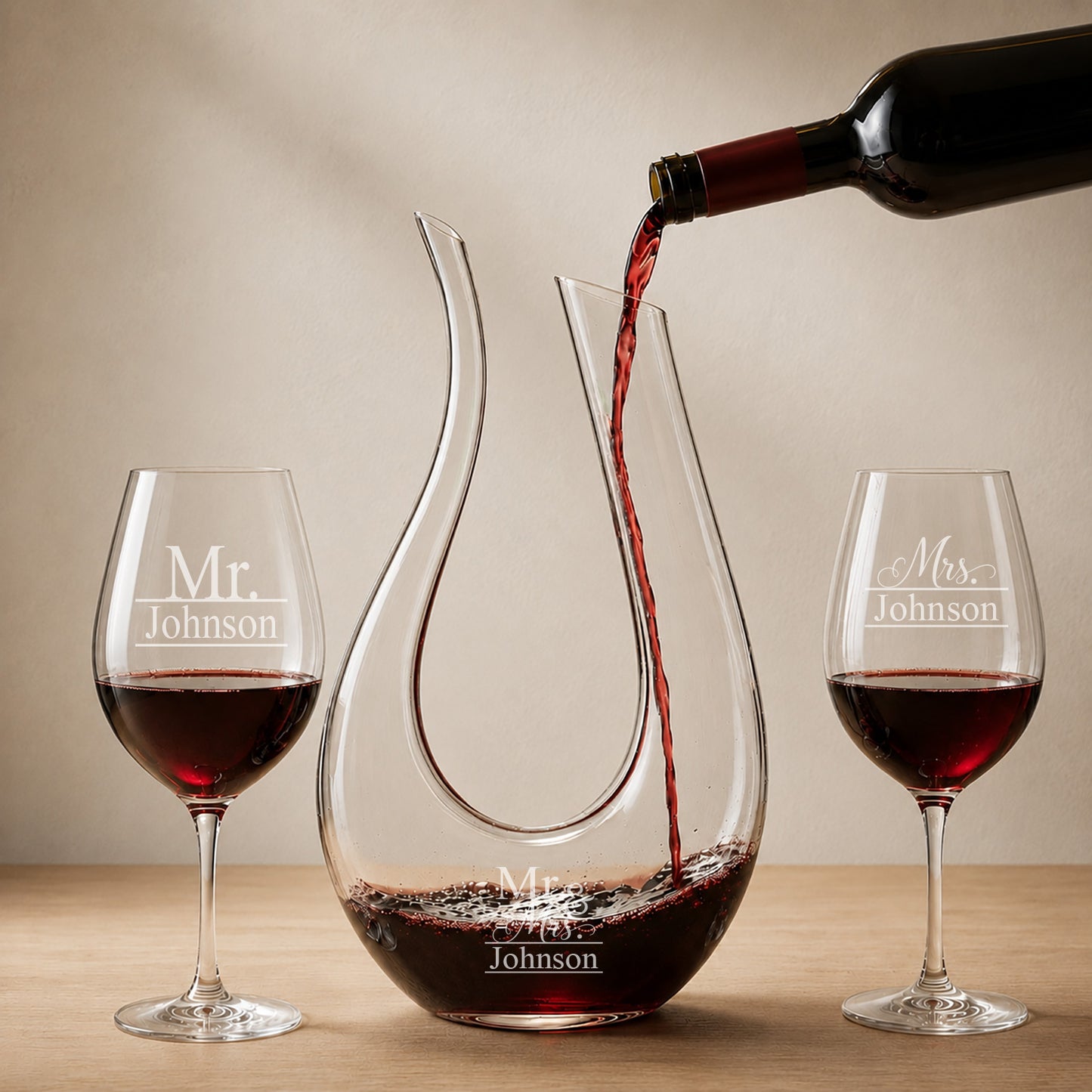 Mr and Mrs Personalized Harp Wine Decanter With Wine Glass Set