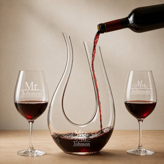 Mr and Mrs Personalized Harp Wine Decanter With Wine Glass Set