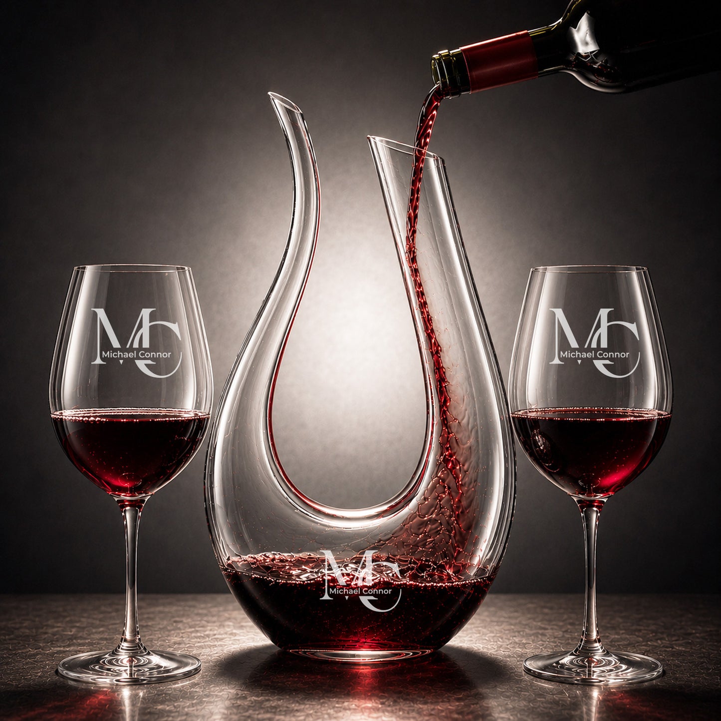Monogram Personalized Harp Wine Decanter and Stemless Wine Glass Set
