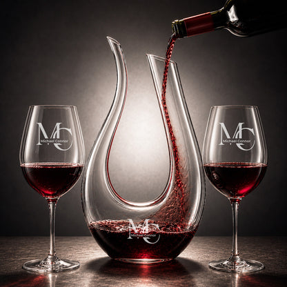 Monogram Personalized Harp Wine Decanter and Stemless Wine Glass Set