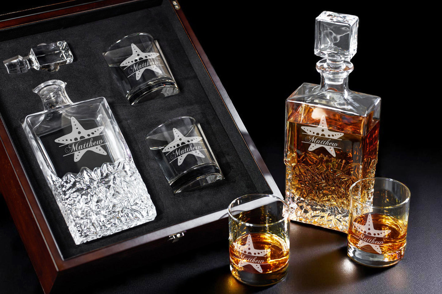Starfish Personalized Icy Whiskey Decanter with Glasses Gift Set