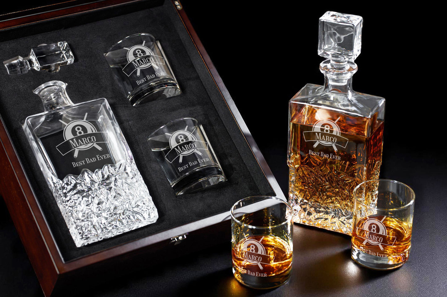 Pool Billiard Eight-Ball Personalized Icy Whiskey Decanter with Glasses Gift Set