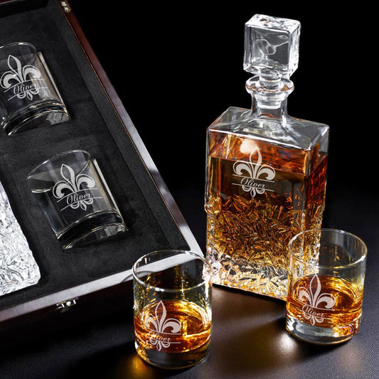 Fleur De Lis Personalized Icy Whiskey Decanter with Glasses Gift Set