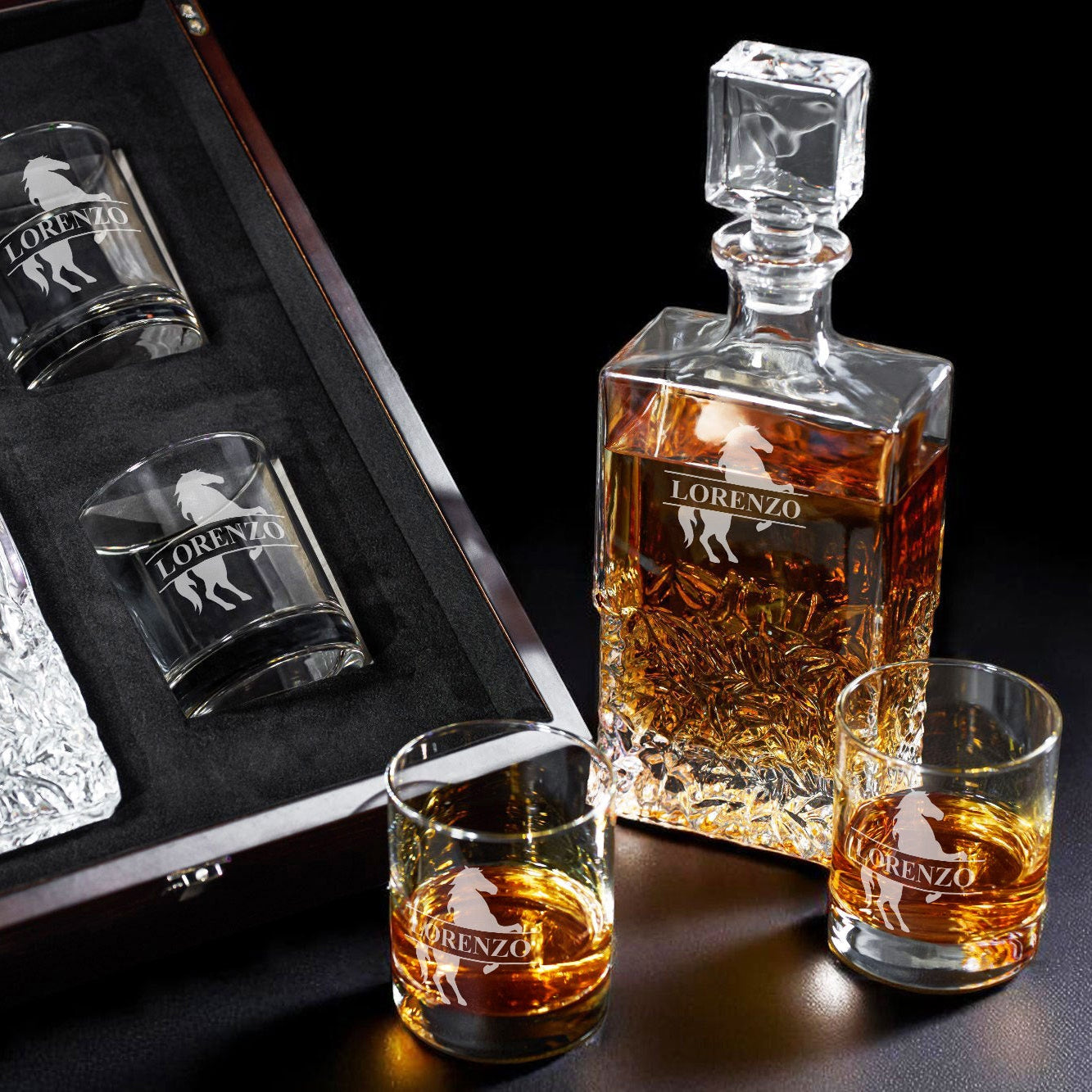 Equestrian Horse Personalized Icy Whiskey Decanter with Glasses Gift Set