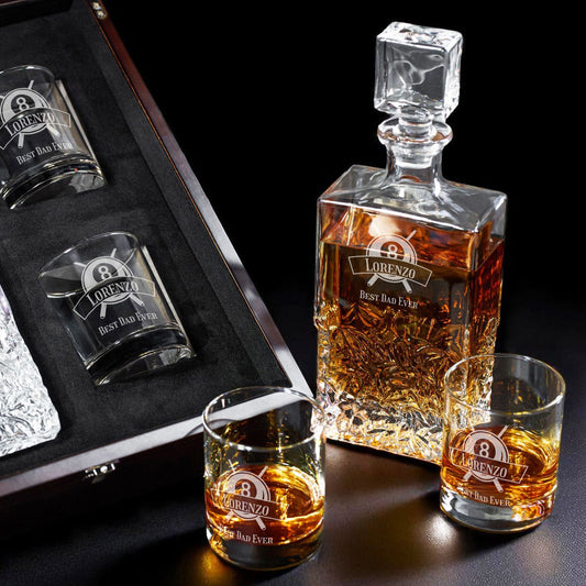 Pool Billiard Eight-Ball Personalized Icy Whiskey Decanter with Glasses Gift Set