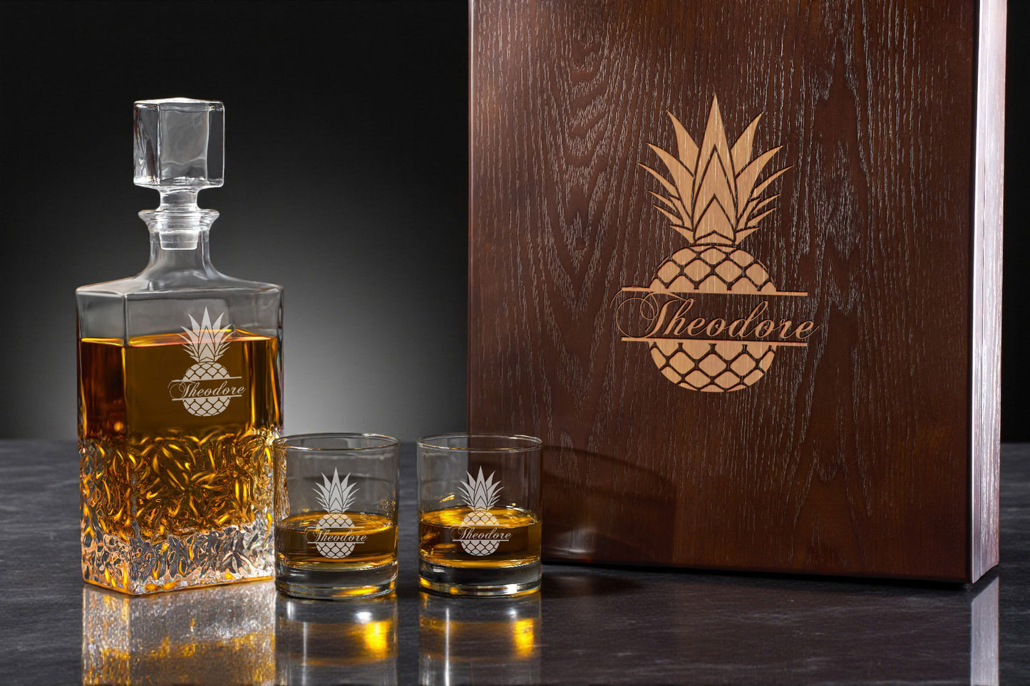 Pineapple Personalized Icy Whiskey Decanter with Glasses Gift Set