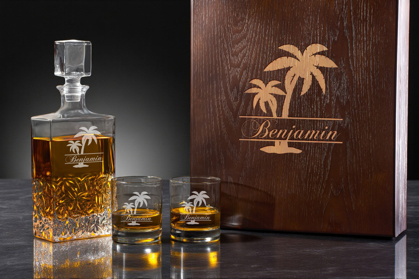 Palm Tree Personalized Icy Whiskey Decanter with Glasses Gift Set