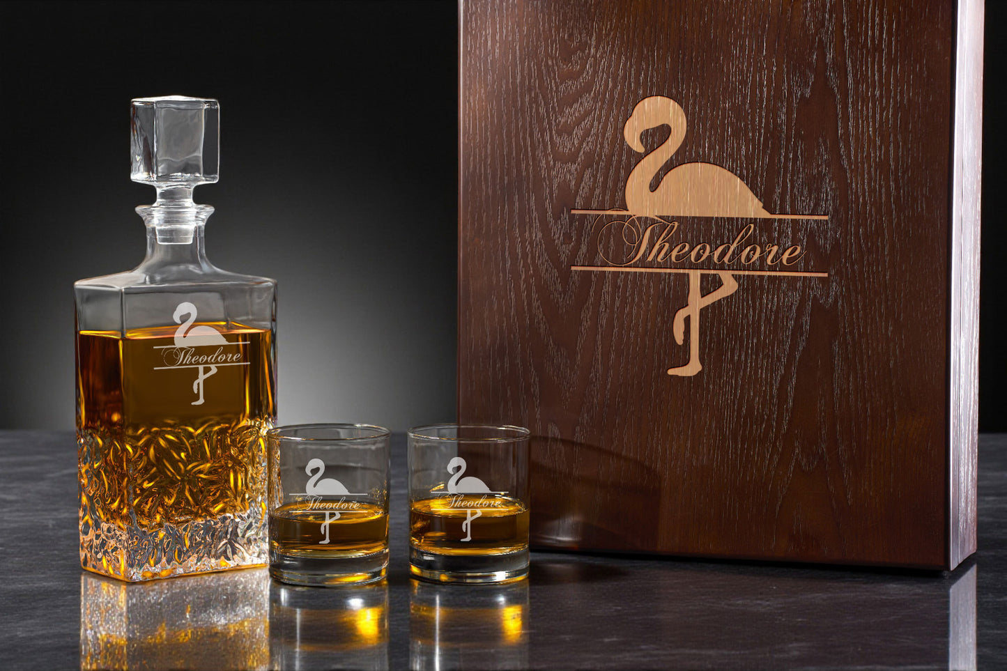 Flamingo Personalized Icy Whiskey Decanter with Glasses Gift Set