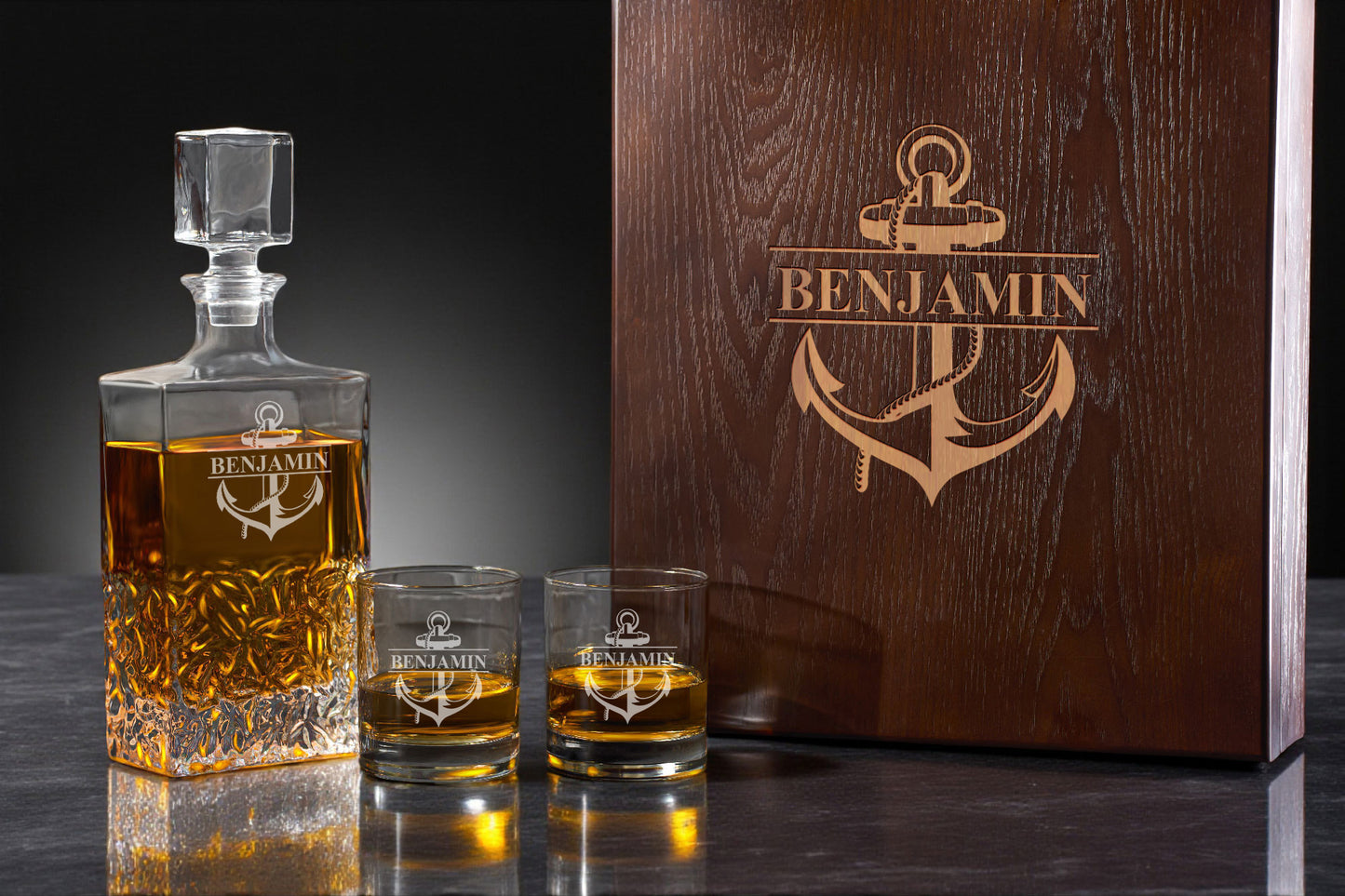 Anchor Personalized Icy Whiskey Decanter with Glasses Gift Set