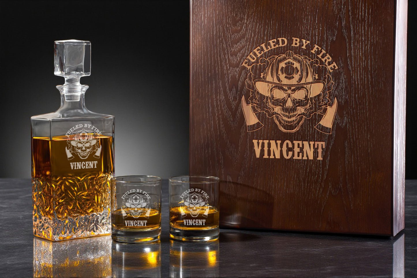 Firefighter Personalized Icy Whiskey Decanter with Glasses Gift Set