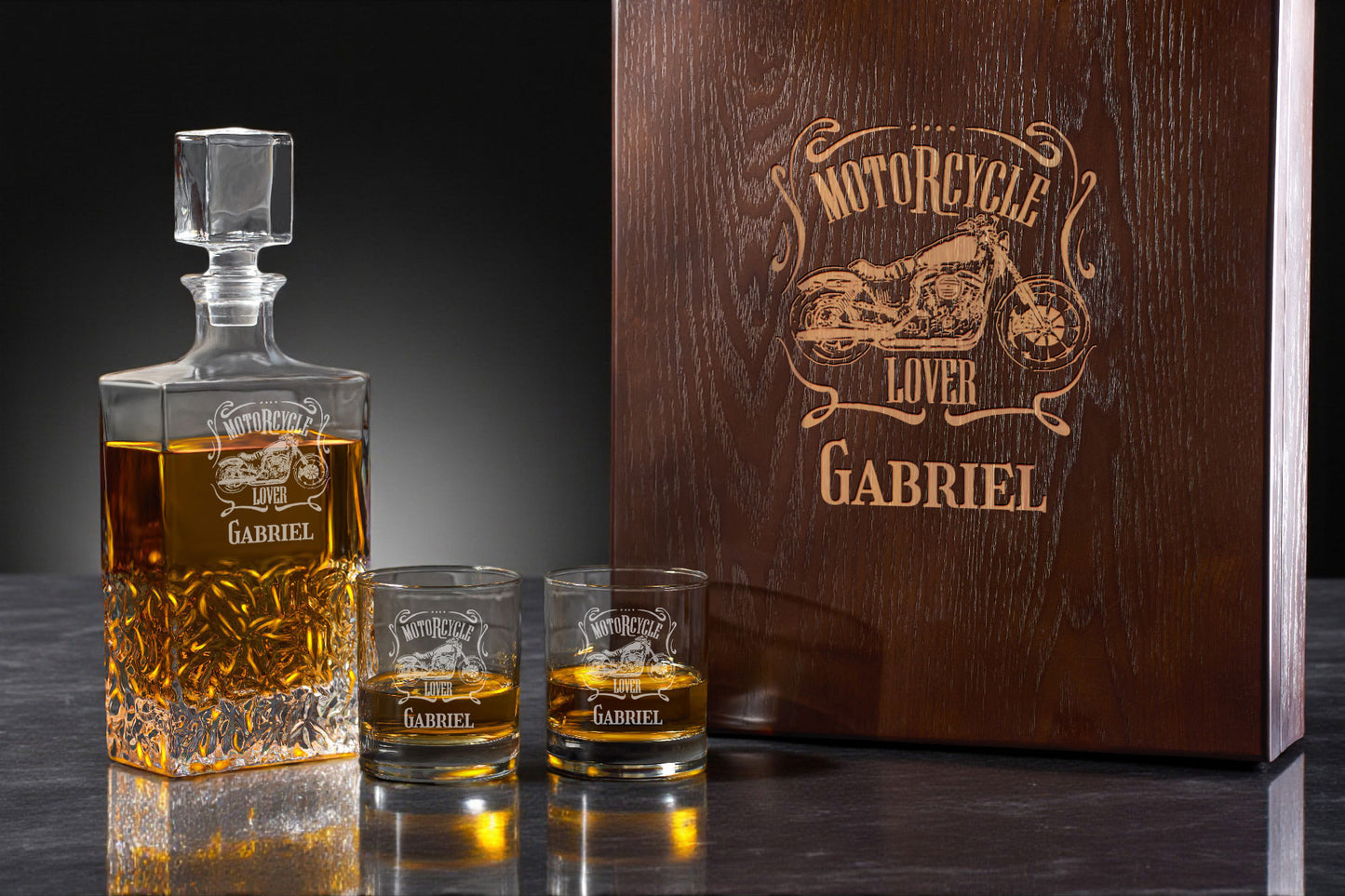 Motorcycle Rider Personalized Icy Whiskey Decanter with Glasses Gift Set