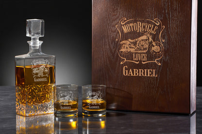 Motorcycle Rider Personalized Icy Whiskey Decanter with Glasses Gift Set