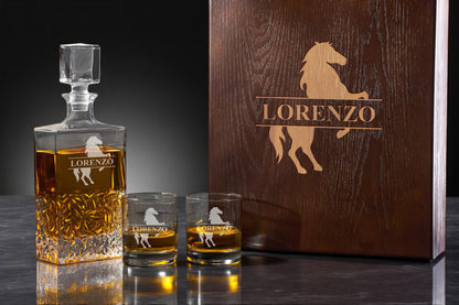 Equestrian Horse Personalized Icy Whiskey Decanter with Glasses Gift Set