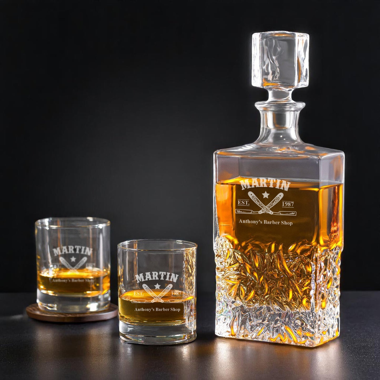 Barber Personalized Whiskey Decanter with Whiskey Rocks Glasses Set - 3pc