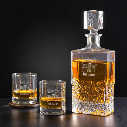 Motorcycle Rider Personalized Whiskey Decanter with Whiskey Rocks Glasses Set - 3pc