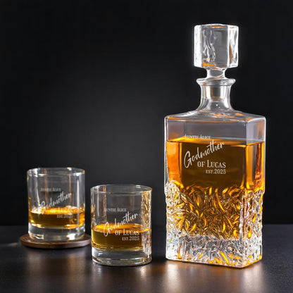 Godmother Personalized Whiskey Decanter with Whiskey Rocks Glasses Set - 3pc