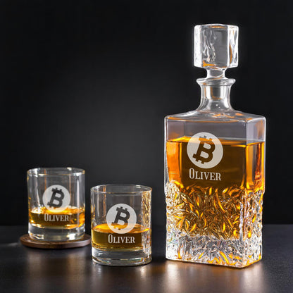 Bitcoin Crypto Personalized Icy Whiskey Decanter with Glasses Gift Set