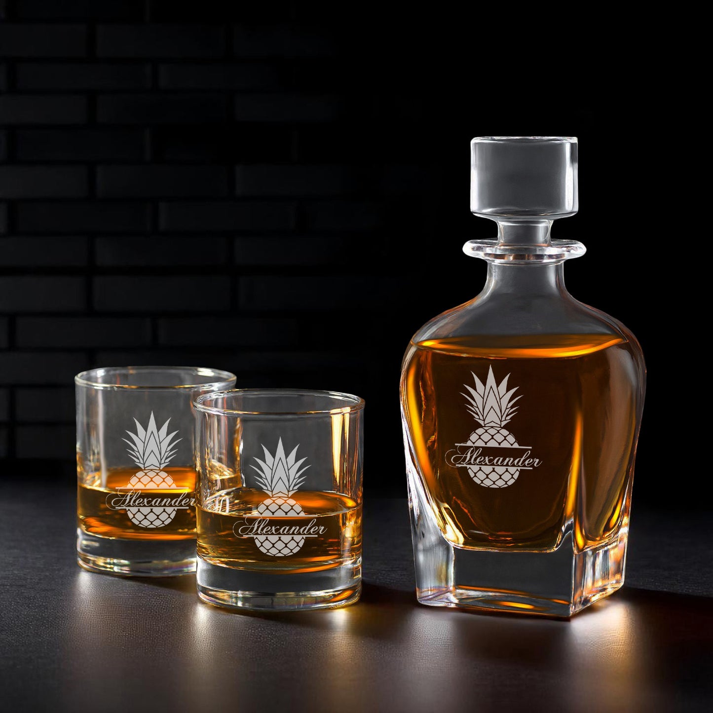 Pineapple Personalized Whiskey Decanter with Whiskey Rocks Glasses Set - 3pc