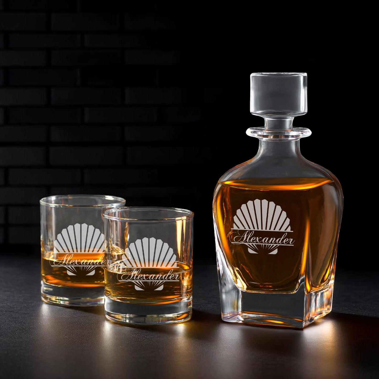 Seashell Personalized Whiskey Decanter with Whiskey Rocks Glasses Set - 3pc