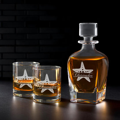 Starfish Personalized Whiskey Decanter with Whiskey Rocks Glasses Set - 3pc
