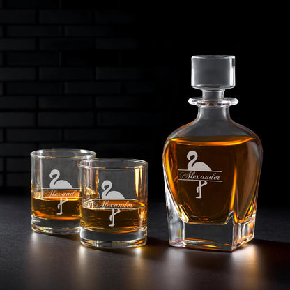 Flamingo Personalized Whiskey Decanter with Whiskey Rocks Glasses Set - 3pc