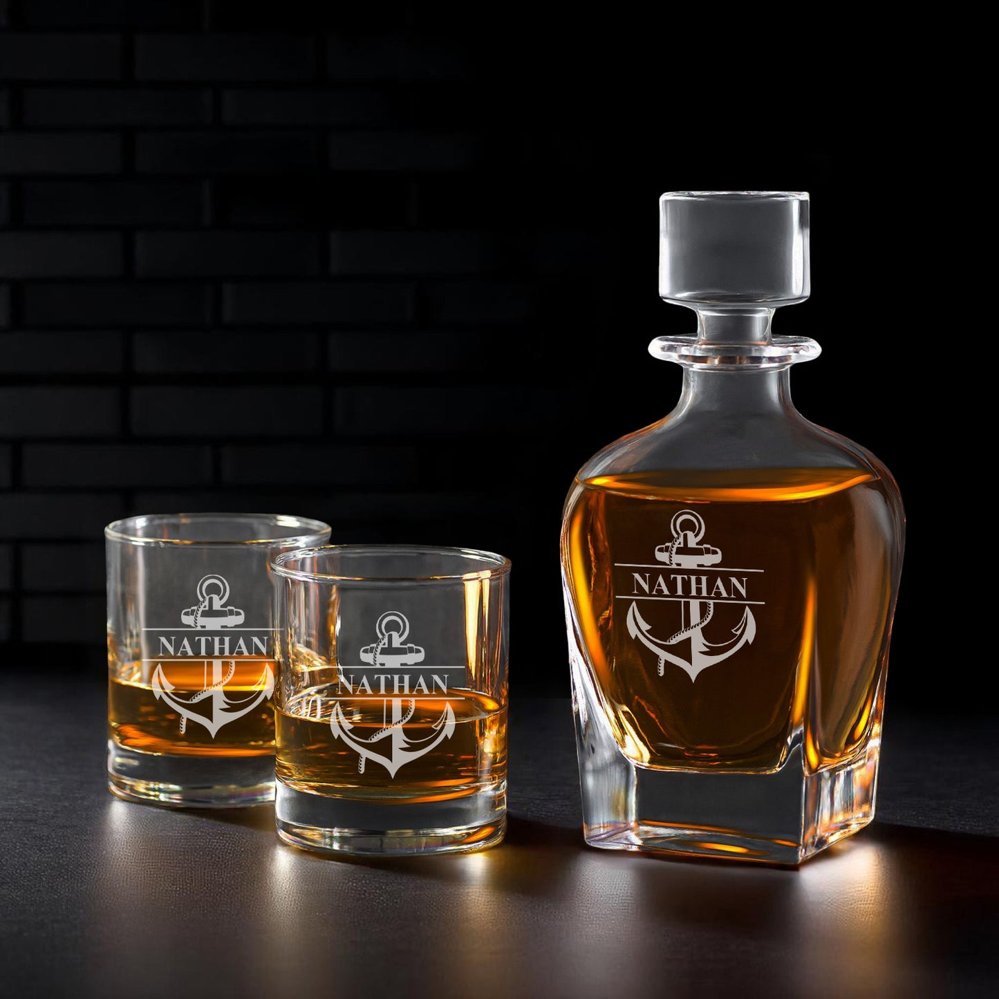 Anchor Personalized Whiskey Decanter with Whiskey Rocks Glasses Set - 3pc