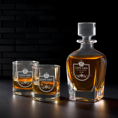 Aviator Pilot Personalized Whiskey Decanter with Whiskey Rocks Glasses Set - 3pc