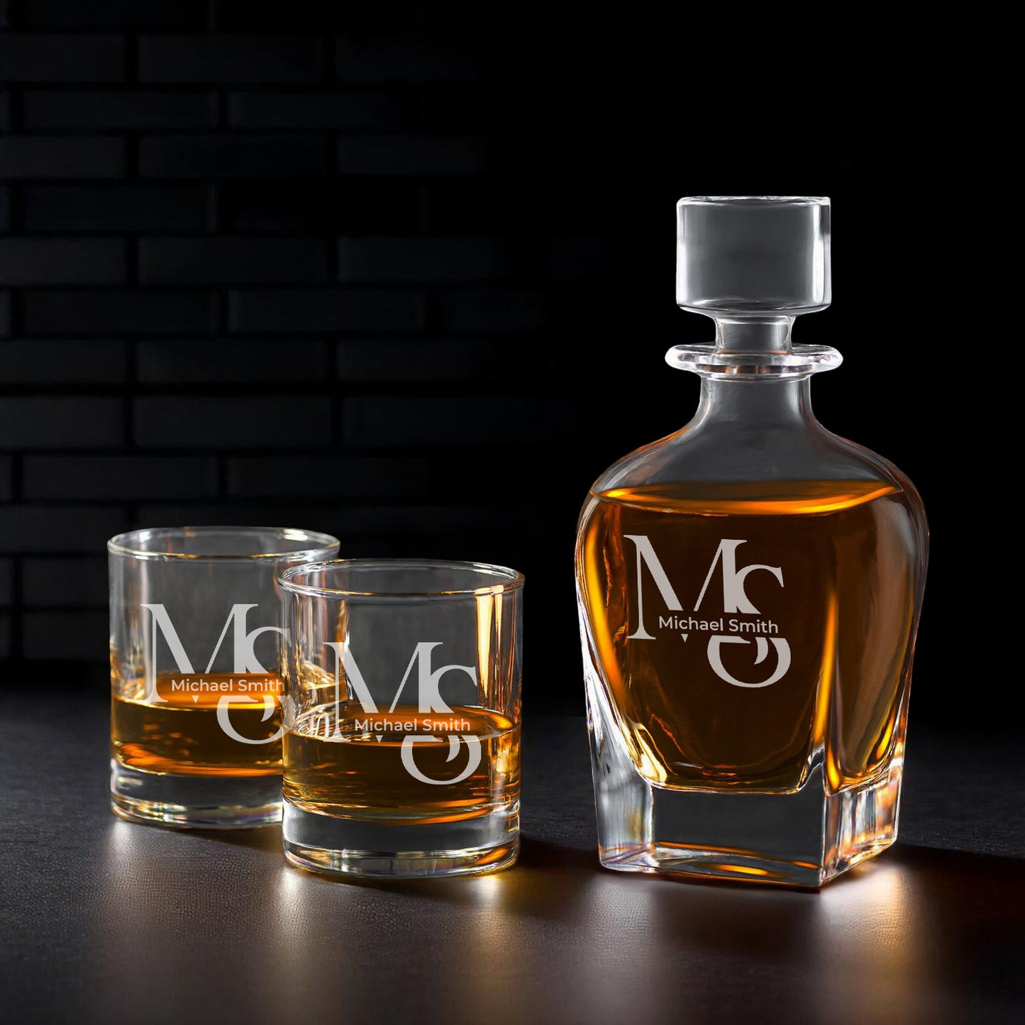 Monogram Personalized Whiskey Decanter with Whiskey Rocks Glasses Set - 3pc
