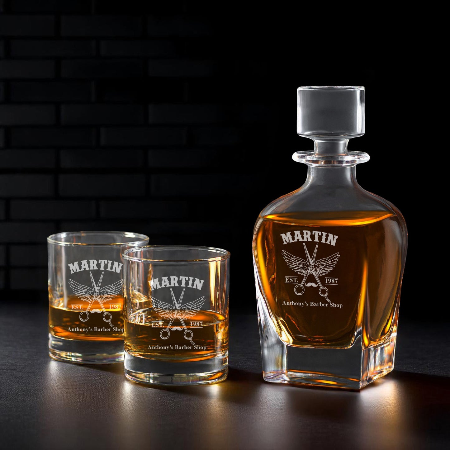 Barber Personalized Whiskey Decanter with Whiskey Rocks Glasses Set - 3pc
