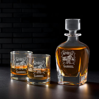 Motorcycle Rider Personalized Whiskey Decanter with Whiskey Rocks Glasses Set - 3pc