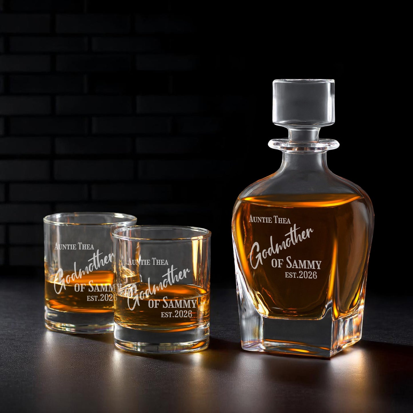 Godmother Personalized Whiskey Decanter with Whiskey Rocks Glasses Set - 3pc
