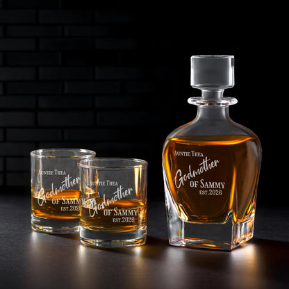 Godmother Personalized Whiskey Decanter with Whiskey Rocks Glasses Set - 3pc