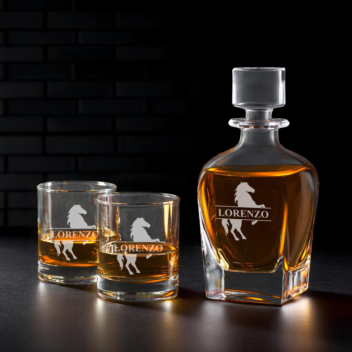 Equestrian Horse Personalized Whiskey Decanter with Whiskey Rocks Glasses Set - 3pc