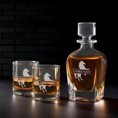 Equestrian Horse Personalized Whiskey Decanter with Whiskey Rocks Glasses Set - 3pc