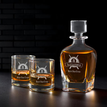 Pool Billiard Eight-Ball Personalized Whiskey Decanter with Whiskey Rocks Glasses Set - 3pc