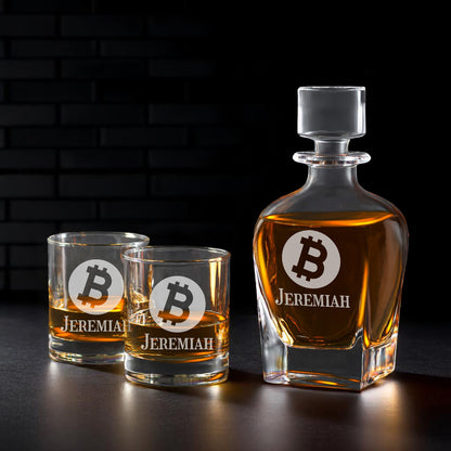 Bitcoin Personalized Whiskey Decanter with Whiskey Rocks Glasses Set - 3pc