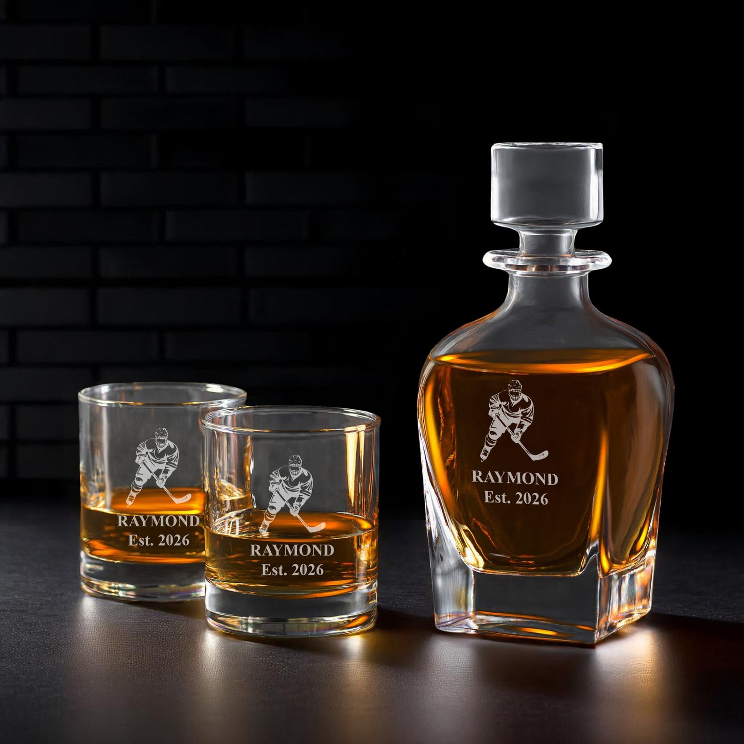 Hockey Personalized Whiskey Decanter with Whiskey Rocks Glasses Set - 3pc