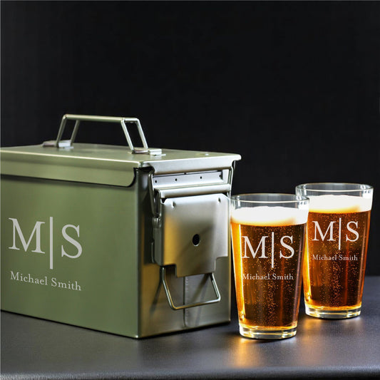 Monogram Personalized 50 Caliber Ammo Box with Pint Glasses Set - 3pc