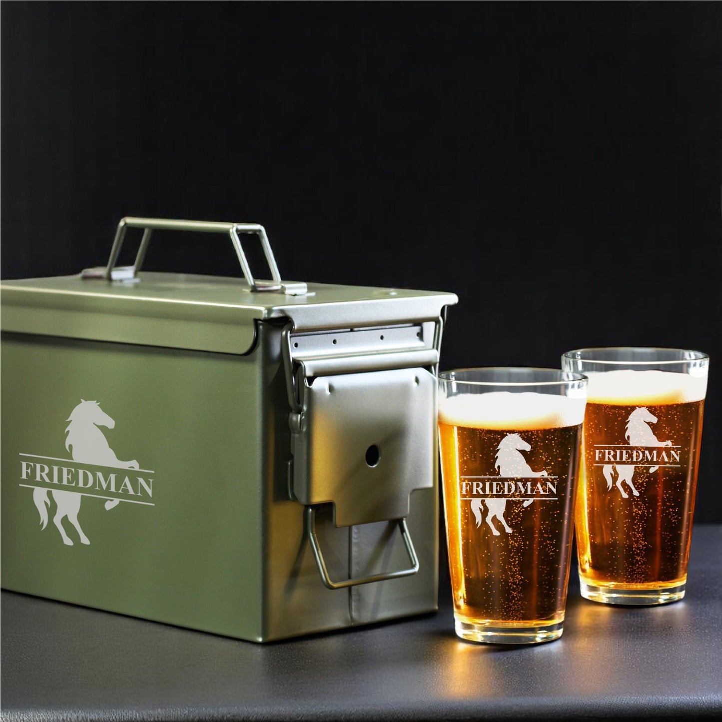 Equestrian Horse Personalized 50 Caliber Ammo Box with Pint Glasses Set - 3pc