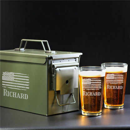 Patriotic Military Personalized 50 Caliber Ammo Box with Pint Glasses Set - 3pc