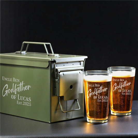 Godfather Personalized 50 Caliber Ammo Box with Pint Glasses Set - 3pc