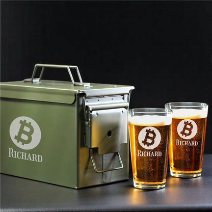Bitcoin Crypto Personalized 50 Caliber Ammo Box with Pint Glasses Set - 3pc