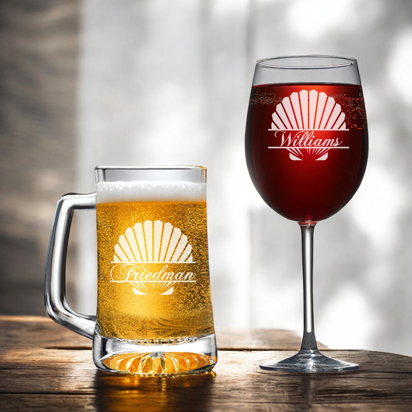 Seashell Personalized Beer Mug and Wine Glass Gift Set