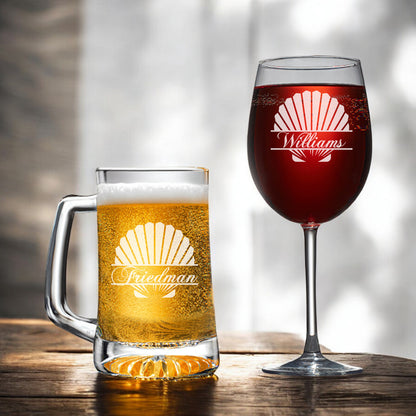 Seashell Personalized Beer Mug and Wine Glass Gift Set