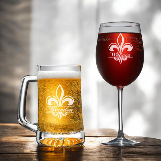 Fleur De Lis Personalized Beer Mug and Wine Glass Gift Set