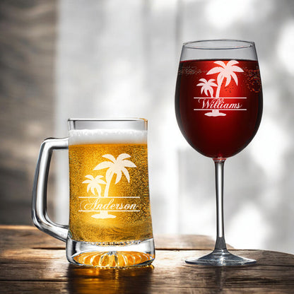 Palm Tree Personalized Beer Mug and Wine Glass Gift Set