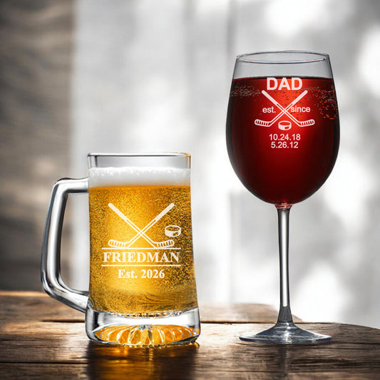 Hockey Personalized Beer Mug and Wine Glass Gift Set