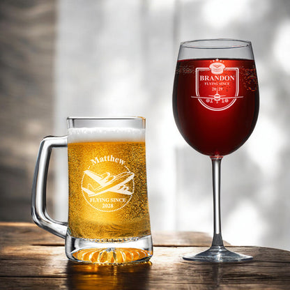 Aviator Pilot Personalized Beer Mug and Wine Glass Gift Set