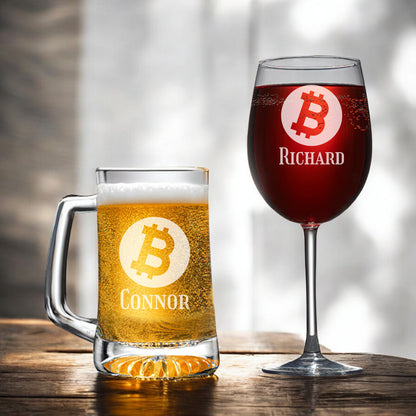 Bitcoin Crypto Personalized Beer Mug and Wine Glass Gift Set